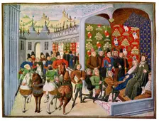 King Henry VI of France Receives the English Envoys 15th Century.Artist: Master of the Harley Froissart