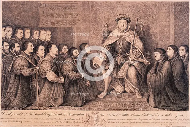 King Henry VIII surrounded by kneeling figures, 1736. Artist: Bernard Baron