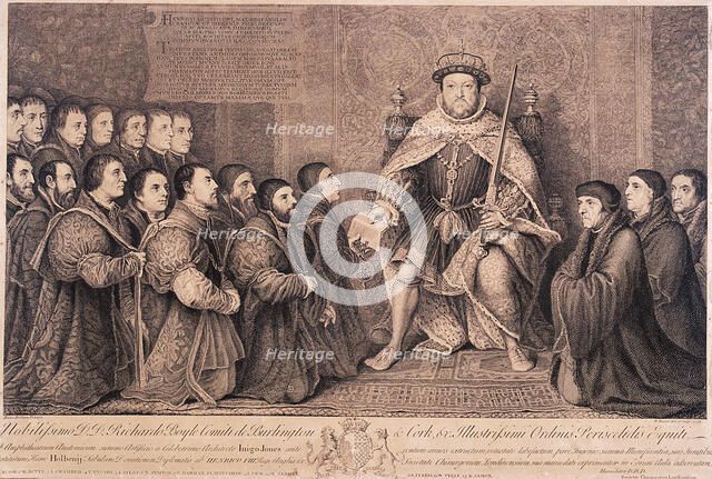 King Henry VIII surrounded by kneeling figures, 1736. Artist: Bernard Baron