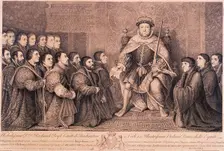 King Henry VIII surrounded by kneeling figures, 1736. Artist: Bernard Baron