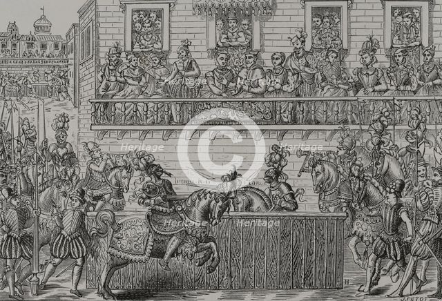 King Henry II of France, (1519-1559) mortally wounded by the Count of Montgomery,.. 1599, (1877). Creator: Unknown.
