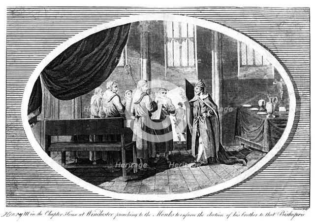 King Henry III (1207-1272) in the Chapter House at Winchester preaching to the monks, 19th century.Artist: Saunders