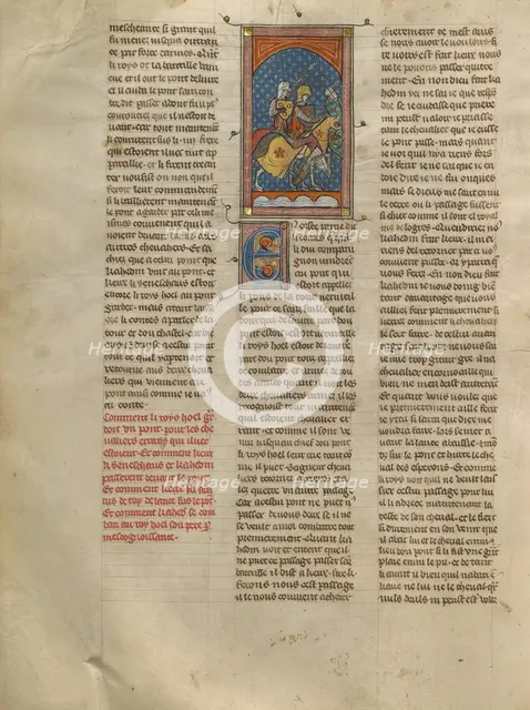 King Hoel Fighting Kahedin and the Seneschal Keu on a Bridge, about 1320-1340. Creator: Unknown.