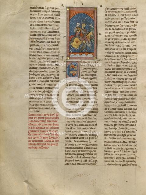 King Hoel Fighting Kahedin and the Seneschal Keu on a Bridge, about 1320-1340. Creator: Unknown.