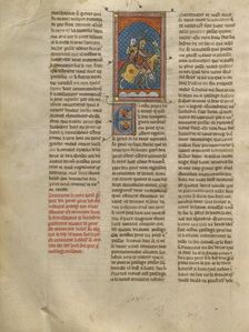 King Hoel Fighting Kahedin and the Seneschal Keu on a Bridge, about 1320-1340. Creator: Unknown