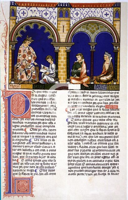 King instructing a child, miniature in the 'Book of Games', manuscript, 1283, by Alfonso X el Sabio.
