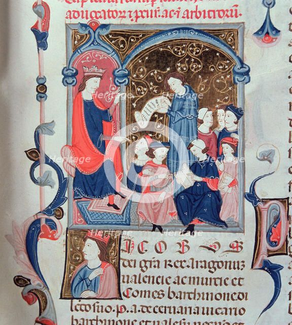 King James I the Conqueror (1213 - 1276) chairing a session of the Parliament. Miniature in the '…