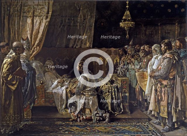King James I the Conqueror Gives His Sword to His Son, Pedro, 1881. Artist: Pinazo Camarlench, Ignacio (1849-1916)