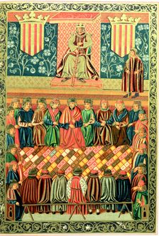 King James I the Conqueror presiding the Courts of Lleida in March 1242. Miniature in the Consti…