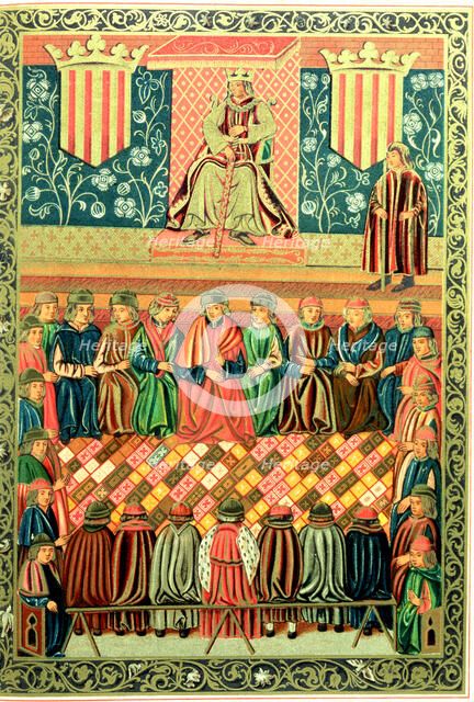 King James I the Conqueror presiding the Courts of Lleida in March 1242. Miniature in the 'Consti…