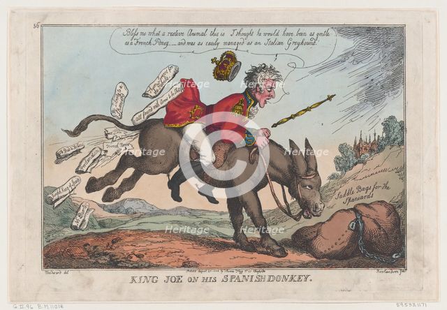 King Joe on his Spanish Donkey, August 27, 1808., August 27, 1808. Creator: Thomas Rowlandson.