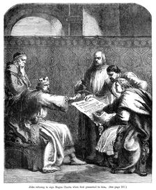 King John (1167-1216) refusing to sign the Magna Carta when first presented to him, 1215