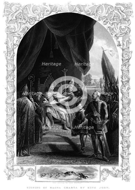 King John (1167-1216) signing the Magna Carta at Runnymede, 1215. Artist: Unknown