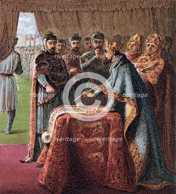 King John of England signs the Magna Carta (From: Pictures of English History), 1868. Artist: Kronheim, Joseph Martin (1810-1896)