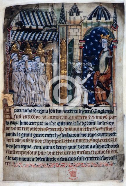 King John is offered a poisoned chalice by a monk, c1280-c1300. Creator: Unknown.