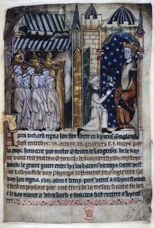 King John is offered a poisoned chalice by a monk, c1280-c1300. Creator: Unknown