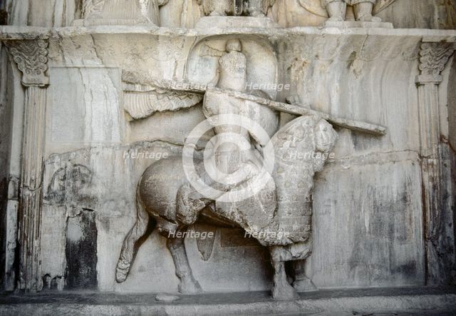 King Khosrow II riding his horse Shabdiz, Taq-e Bostan, Iran, 4th century, (1994).  Creator: Unknown.
