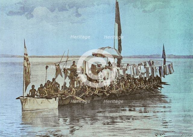 King Koko Mingi VIII war canoe on the Brass River, c1880s. Creator: Andre & Sleigh.