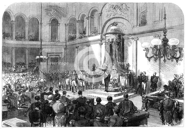 King Leopold II. taking the oath before the Belgian Senate and Chamber of Deputies..., 1865. Creator: Unknown.