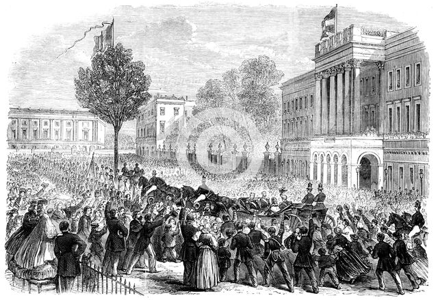 King Leopold's public entry into Brussels...arrival of His Majesty at the palace..., 1862. Creator: Unknown.