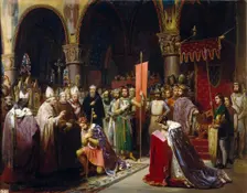 King Louis VII takes the standard at Saint-Denis. Artist: Mauzaisse, Jean-Baptiste (1784-1844)