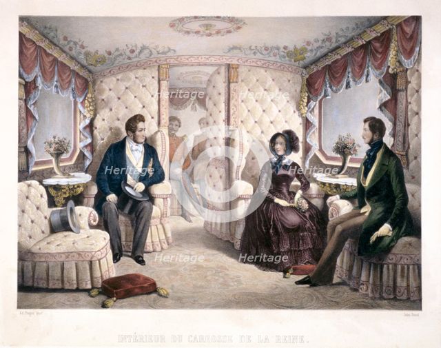King Louis Philippe, Queen Victoria and Prince Albert in the royal carriage, 1846.    Artist: Jules David