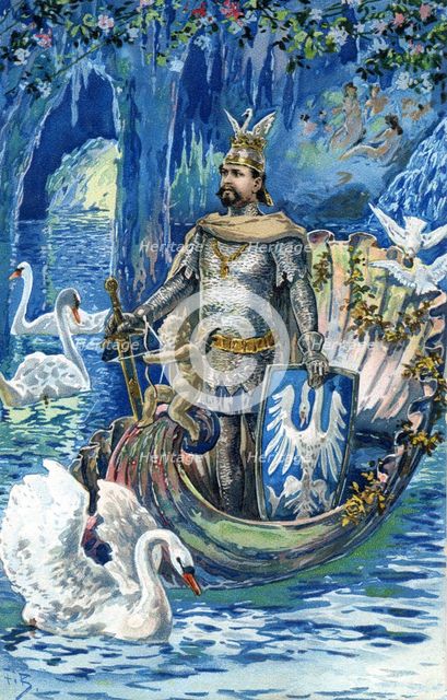 King Ludwig II as Lohengrin in the Blue Grotto of Linderhof Palace, c. 1900.