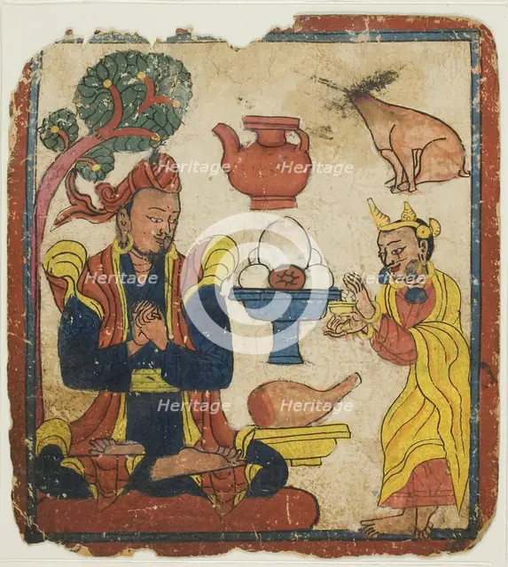 King Mangkur Nourished by Queen Devika, from a Set of Initiation Cards (Tsakali), 14th/15th century. Creator: Unknown.