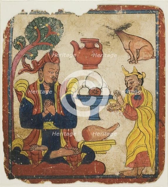 King Mangkur Nourished by Queen Devika, from a Set of Initiation Cards (Tsakali), 14th/15th century. Creator: Unknown.