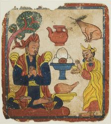King Mangkur Nourished by Queen Devika, from a Set of Initiation Cards (Tsakali), 14th/15th century. Creator: Unknown