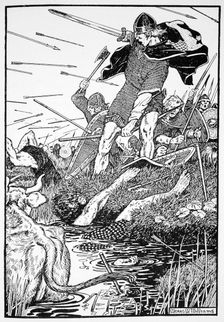 King Magnus in the marsh at Downpatrick Ireland, 1103 (1913). Creator: Morris Meredith Williams