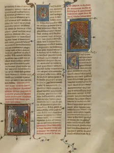 King Mark of Cornwall Speaking to Blioberis: Sword Fight between Tristan and..., about 1320-40. Creator: Unknown