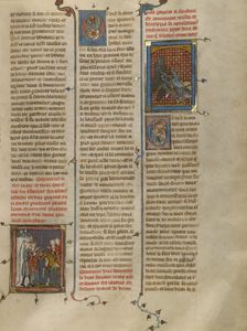 King Mark of Cornwall Speaking to Blioberis: Sword Fight between Tristan and..., about 1320-40. Creator: Unknown