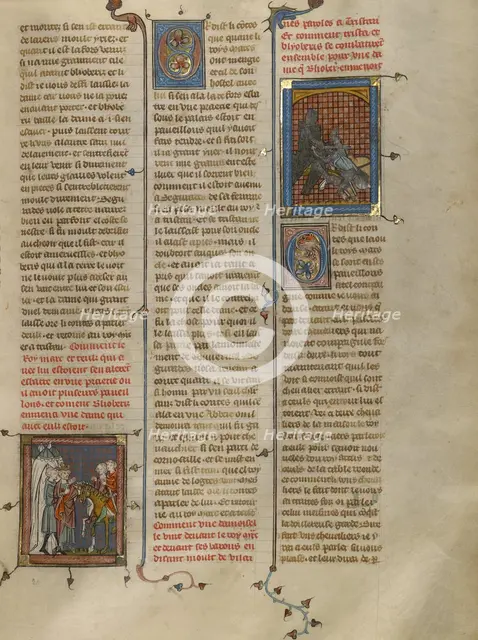 King Mark of Cornwall Speaking to Blioberis: Sword Fight between Tristan and..., about 1320-40. Creator: Unknown.