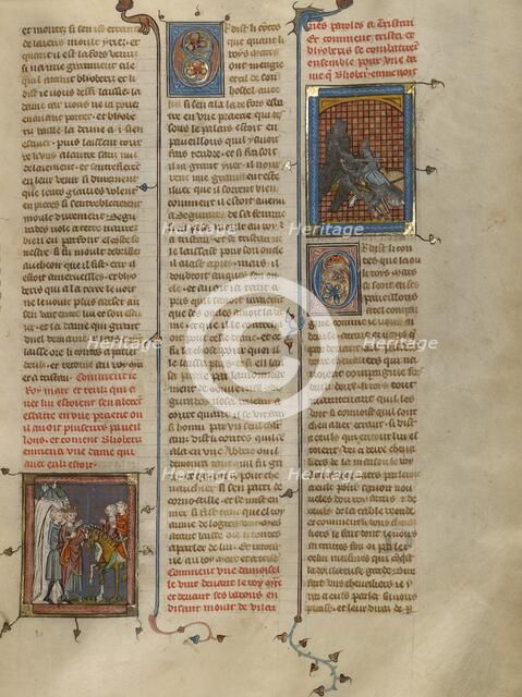 King Mark of Cornwall Speaking to Blioberis: Sword Fight between Tristan and..., about 1320-40. Creator: Unknown.