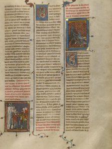 King Mark of Cornwall Speaking to Blioberis: Sword Fight between Tristan and..., about 1320-40. Creator: Unknown