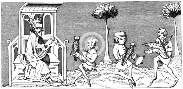 King Modus teaching the art of falconry, 14th century (1849). Artist: Unknown