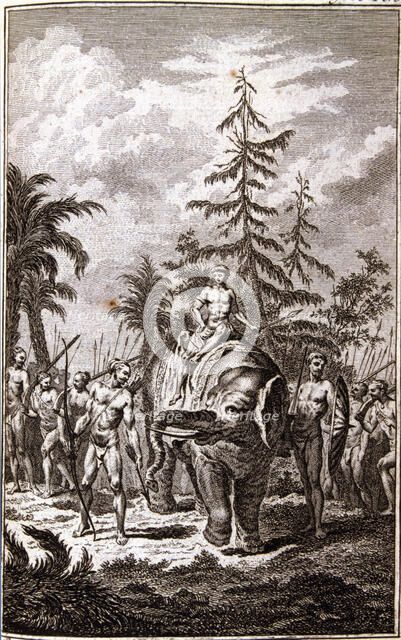 King of Cochin on his elephant accompanied by his court, engraving in the work 'Abrégé de l'histo…