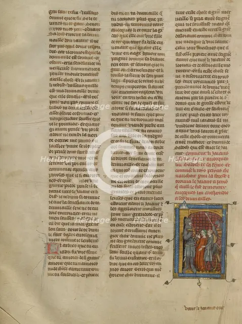 King Pelias Meeting the Giant, Who Holds Sadoch and Celynde Prisoner, about 1320-1340. Creator: Unknown.