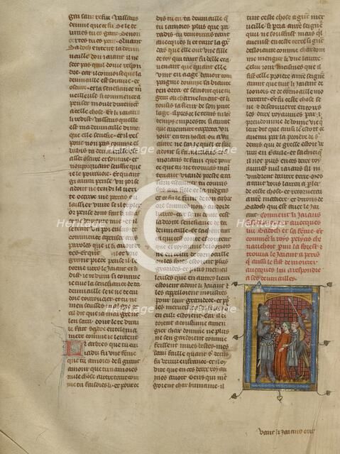 King Pelias Meeting the Giant, Who Holds Sadoch and Celynde Prisoner, about 1320-1340. Creator: Unknown.