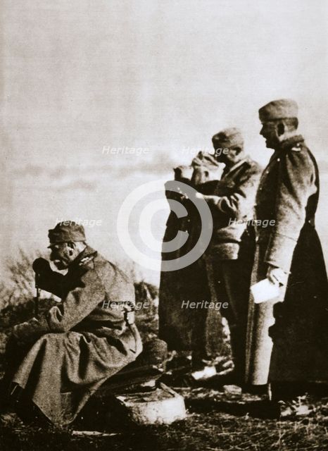 King Peter I of Serbia watching the retreat of his defeated army, 1914. Artist: Unknown