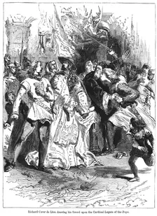 King Richard I (1157-1199) drawing his sword upon the Cardinal Legate of the Pope