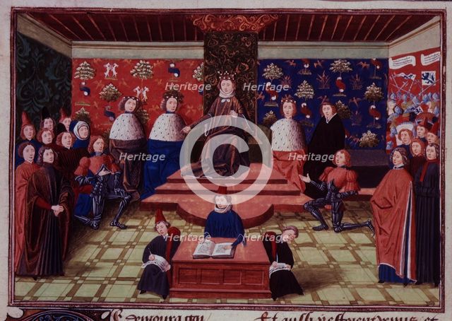 King Richard II of England banishing the Earl Marshall and the Earl of Derby, c1470-c1472.  Creator: Unknown.