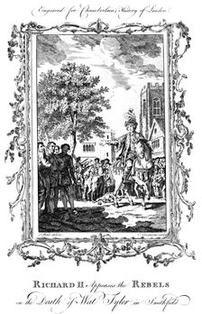 King Richard II appeases the rebels on the death of Wat Tyler, Smithfield, 19th century.Artist: Charles Grignion