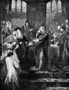 King Richard II resigning the crown to his cousin Bolingbroke, 1399, (c1920)