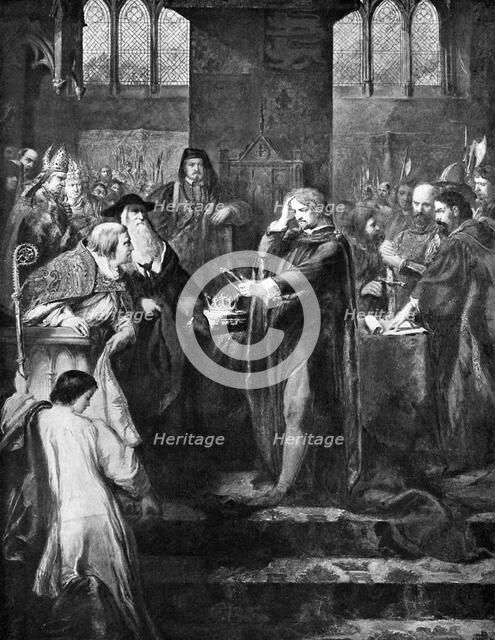 King Richard II resigning the crown to his cousin Bolingbroke, 1399, (c1920). Artist: Unknown
