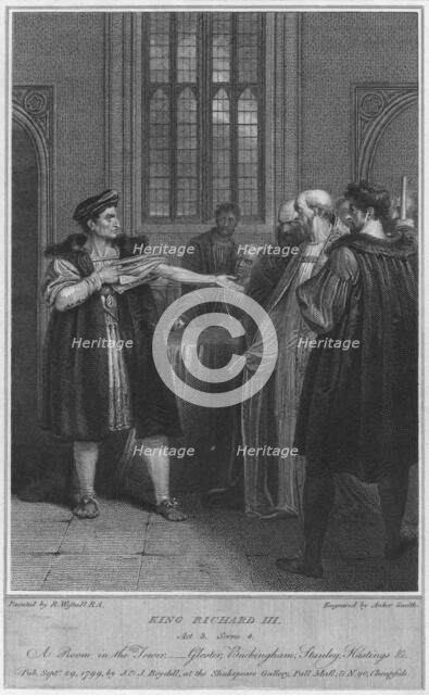 'King Richard III. Act 3. Scene 4. A Room in the Tower - Gloucester, Buckingham, Stanley, Hastings & Artist: Anker Smith.