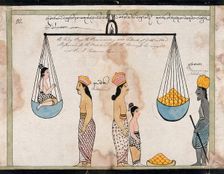 King Sanjaya redeems the children of Vessantara, paying to the brahmin the weight of the..., 1815. Creator: Unknown