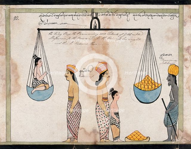 King Sanjaya redeems the children of Vessantara, paying to the brahmin the weight of the..., 1815. Creator: Unknown.