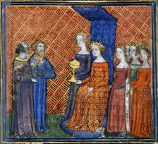 King Solomon Receiving the Queen of Sheba (from the Bible historiale by Guiart des Moulins), 1400-1415. Artist: Virgil Master (active 1380-1420)